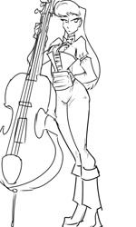 Size: 768x1280 | Tagged: safe, artist:jonfreeman, character:octavia melody, species:human, arm behind back, cello, clothing, corset, female, humanized, legs, looking at you, monochrome, musical instrument, solo