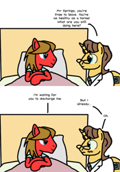 Size: 701x1004 | Tagged: safe, artist:thelastgherkin, character:doctor horse, character:doctor stable, oc, oc:cinnabar springs, species:pony, species:unicorn, bed, blushing, clothing, comic, implied gay, implied hoofing, male, pillow, stallion
