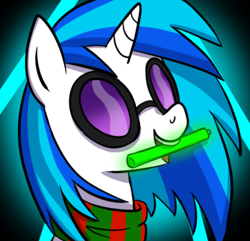 Size: 350x337 | Tagged: safe, artist:saber-panda, character:dj pon-3, character:vinyl scratch, christmas, clothing, female, glowstick, scarf, solo