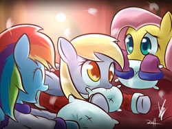 Size: 1400x1050 | Tagged: safe, artist:mister-markers, character:derpy hooves, character:fluttershy, character:rainbow dash, species:pegasus, species:pony, cute, derpabetes, female, mare, pillow