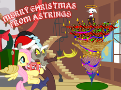 Size: 6624x4917 | Tagged: safe, artist:astringe, character:angel bunny, character:discord, character:fluttershy, absurd resolution, ainsley harriott, angel, angelic bunny, christmas, pun, upside down, wat