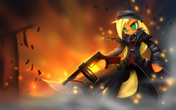 Size: 1920x1200 | Tagged: safe, artist:cyanaeolin, character:applejack, cosplay, crossover, female, graves, gun, league of legends, solo, tommy gun