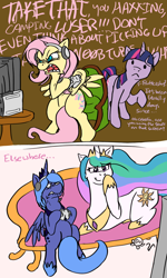 Size: 600x1000 | Tagged: safe, artist:conicer, edit, character:fluttershy, character:princess celestia, character:princess luna, character:twilight sparkle, species:pony, gamer luna, g4, bipedal, comic, gamershy, headphones, s1 luna, video game