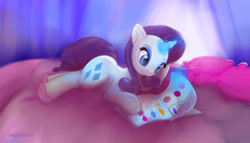 Size: 1790x1024 | Tagged: safe, artist:mechagen, character:rarity, species:pony, species:unicorn, bed, book, catalog, clothing, diamond, female, magic, reading, slippers, solo