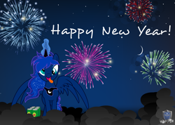 Size: 6443x4590 | Tagged: safe, artist:abydos91, character:princess luna, 2014, absurd resolution, cider, derp, female, fireworks, happy new year, happy new year 2014, solo, vector