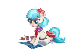 Size: 1158x818 | Tagged: safe, artist:cmaggot, character:coco pommel, species:earth pony, species:pony, episode:rarity takes manehattan, g4, my little pony: friendship is magic, female, mare, needle, saddle bag, sewing, solo, thread