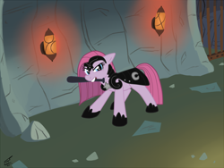 Size: 1124x843 | Tagged: safe, artist:kudalyn, character:pinkamena diane pie, character:pinkie pie, armor, cave, club, dungeon, female, lantern, solo