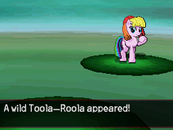 Size: 256x192 | Tagged: safe, artist:dmn666, character:toola roola, species:earth pony, species:pony, g3, a wild pokémon appeared!, crossover, female, g3 to g4, g3betes, generation leap, mare, pixel art, pokémon, pokémon battle, ponymon, roolabetes, solo, wild pokémon