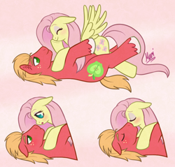Size: 890x850 | Tagged: safe, artist:marindashy, character:big mcintosh, character:fluttershy, species:earth pony, species:pony, ship:fluttermac, :o, bedroom eyes, blushing, cuddling, cute, eye contact, eyes closed, eyeshadow, kissing, male, on back, open mouth, prone, shipping, shyabetes, simple background, smiling, snuggling, spread wings, stallion, straight, wings