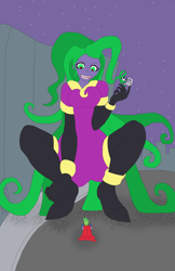 Size: 1700x2627 | Tagged: safe, artist:final7darkness, character:humdrum, character:mane-iac, character:spike, species:human, episode:power ponies, g4, my little pony: friendship is magic, cape, clothing, electro orb, giantess, humanized, macro, request, requested art
