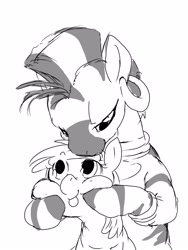 Size: 1200x1600 | Tagged: safe, artist:nabe, character:apple bloom, character:zecora, species:zebra, ship:zecobloom, duo, grayscale, monochrome, pixiv, silly, squishy cheeks, tongue out