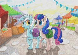 Size: 1495x1050 | Tagged: safe, artist:dawnmistpony, character:bon bon, character:lyra heartstrings, character:sweetie drops, oc, species:earth pony, species:pony, species:unicorn, bag, market, outdoors, saddle bag, traditional art