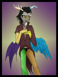 Size: 1759x2344 | Tagged: safe, artist:dawnmistpony, character:discord, species:human, clothing, gradient background, horned humanization, humanized, looking at you, male, signature, solo, winged humanization, wings
