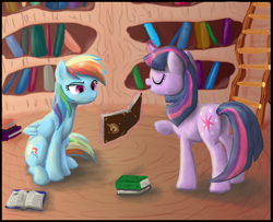 Size: 2100x1705 | Tagged: safe, artist:dawnmistpony, character:rainbow dash, character:twilight sparkle, book, duo, eyes closed, library, magic