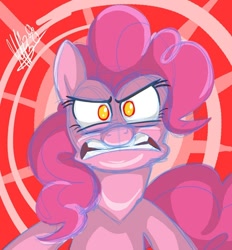 Size: 500x538 | Tagged: safe, artist:secoh2000, character:pinkie pie, species:earth pony, species:pony, g4, abstract background, angry, female, looking at you, mare, no pupils, pinkie promise, solo