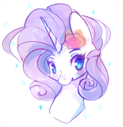 Size: 1024x1057 | Tagged: dead source, safe, artist:inkytophat, character:rarity, species:pony, species:unicorn, bust, colored pupils, cute, female, flower, flower in hair, looking at you, mare, portrait, raribetes, simple background, solo, white background