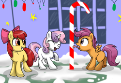Size: 2176x1500 | Tagged: safe, artist:dawnmistpony, character:apple bloom, character:scootaloo, character:sweetie belle, species:earth pony, species:pegasus, species:pony, species:unicorn, episode:hearth's warming eve, g4, my little pony: friendship is magic, 8 foot candy cane, candy cane, cutie mark crusaders, licking, snow, stuck, tongue out, tongue stuck to pole