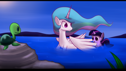 Size: 1920x1080 | Tagged: safe, artist:mister-markers, character:princess celestia, character:twilight sparkle, filly, momlestia fuel, pond, swanlestia, swimming, turtle, water