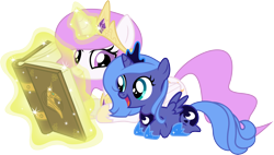 Size: 7000x3982 | Tagged: safe, artist:sandra626, character:princess celestia, character:princess luna, species:pony, book, cewestia, crown, cute, filly, magic, pink-mane celestia, prone, reading, simple background, transparent background, vector, woona, younger