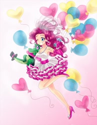 Size: 750x971 | Tagged: safe, artist:semehammer, character:gummy, character:pinkie pie, species:human, alligator, balloon, clothing, cute, diapinkes, dress, evening gloves, female, hat, heart balloon, high heels, humanized, jewelry, necklace, one eye closed, smiling, solo