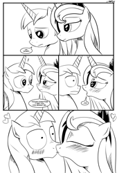 Size: 1094x1619 | Tagged: safe, artist:cs, character:princess luna, character:shining armor, comic:day-off, ship:shiningluna, bedroom eyes, blushing, comic, explicit series, eye contact, eyes closed, female, heart, infidelity, kissing, male, monochrome, shipping, straight, surprise kiss, surprised, wide eyes
