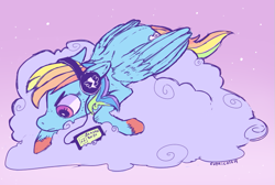 Size: 769x518 | Tagged: safe, artist:comickit, character:rainbow dash, angry, beastie boys, cloud, female, headphones, hooves, solo