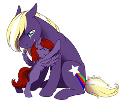 Size: 700x592 | Tagged: safe, artist:shinepawpony, oc, oc only, species:earth pony, species:pegasus, species:pony, crying, father and daughter, female, filly, hug, male, mare, stallion