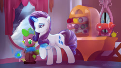 Size: 1400x786 | Tagged: safe, artist:mechagen, character:rarity, character:spike, blushing, carousel boutique, clothing, coat, dressing, gloves, interior, magic, scarf, sewing machine, snow, spikelove, winter