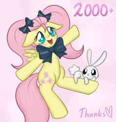 Size: 930x980 | Tagged: safe, artist:marindashy, character:angel bunny, character:fluttershy, blushing, bow, floppy ears, happy, looking at you, open mouth, pigtails, smiling, spread wings, wings