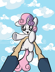Size: 2100x2748 | Tagged: dead source, safe, artist:bronycurious, character:sweetie belle, species:human, species:pony, cute, diasweetes, hand, high res, holding a pony, pov