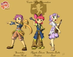 Size: 1374x1080 | Tagged: source needed, safe, artist:didj, character:apple bloom, character:scootaloo, character:sweetie belle, species:pegasus, species:pony, apron, arcane monk, artificer, bard, clothing, cutie mark crusaders, fantasy class, humanized, lute, my little mages, robe, simple background, wrench