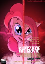 Size: 500x700 | Tagged: safe, artist:pooryorick, edit, character:pinkamena diane pie, character:pinkie pie, species:earth pony, species:pony, fanfic:cupcakes, duality, movie, movie poster, poster, split screen, two sided posters