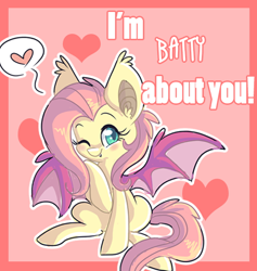 Size: 516x545 | Tagged: safe, artist:indiefoxtail, character:flutterbat, character:fluttershy, askbattyshy, blushing, cute, female, heart, hnnng, shyabetes, solo, valentine, wink