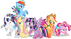 Size: 13523x7530 | Tagged: safe, artist:benybing, character:applejack, character:fluttershy, character:pinkie pie, character:rainbow dash, character:rarity, character:twilight sparkle, character:twilight sparkle (alicorn), species:alicorn, species:pony, season 4, absurd resolution, colored wings, female, mane six, mare, multicolored wings, rainbow power, rainbow wings, simple background, starry eyes, transparent background, vector