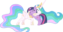 Size: 900x469 | Tagged: safe, artist:astringe, character:princess celestia, character:twilight sparkle, species:alicorn, species:pony, species:unicorn, eyes closed, female, hug, mare, momlestia, motherly, simple background, smiling, transparent background, vector