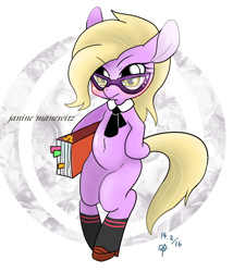 Size: 660x770 | Tagged: safe, artist:kyubi, character:grace manewitz, species:pony, belly button, bipedal, female, glasses, pixiv, solo
