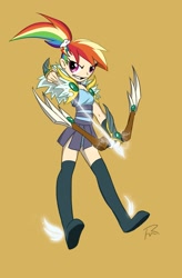 Size: 1183x1800 | Tagged: safe, artist:didj, character:rainbow dash, archer, archer dash, archery, arrow, bow (weapon), bow and arrow, fantasy class, humanized, my little mages, skinny, weapon, winged shoes