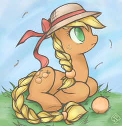 Size: 790x811 | Tagged: dead source, safe, artist:soulspade, character:applejack, alternate hairstyle, alternate universe, braided tail, clothing, female, hat, orangejack, prone, solo