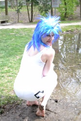 Size: 3072x4608 | Tagged: safe, artist:everage, artist:shelle-chii, character:dj pon-3, character:vinyl scratch, species:human, barefoot, cosplay, dirt, dirty, dirty feet, feet, irl, irl human, looking at you, looking back, mud, muddy, photo, smiling, solo, squatting