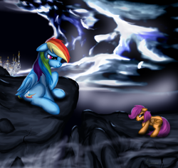 Size: 892x847 | Tagged: safe, artist:leyanor, character:rainbow dash, character:scootaloo, species:pegasus, species:pony, canterlot, night, scootaloo can't fly