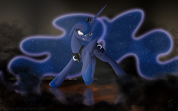 Size: 1113x700 | Tagged: safe, artist:ciscoql, character:princess luna, angry, female, floppy ears, glare, gritted teeth, raised hoof, raised leg, solo