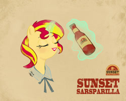 Size: 1280x1024 | Tagged: source needed, safe, artist:silence, character:sunset shimmer, species:pony, species:unicorn, bust, collaboration, eyes closed, fallout: new vegas, female, glowing horn, horn, magic, mare, sarsparilla, solo, sunset sarsparilla, telekinesis