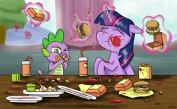 Size: 1400x860 | Tagged: safe, artist:mlj-lucarias, character:spike, character:twilight sparkle, character:twilight sparkle (alicorn), species:alicorn, species:pony, episode:twilight time, g4, my little pony: friendship is magic, burger, eating, fast food, female, food, magic, mare, messy, messy eating, nachos, onion horseshoes, scene parody, table, that pony sure does love burgers, twilight burgkle