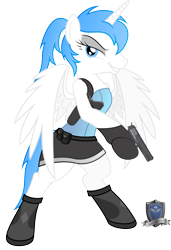 Size: 4340x6356 | Tagged: safe, artist:abydos91, oc, oc only, species:alicorn, species:pony, absurd resolution, alicorn oc, bipedal, clothing, commission, female, gun, handgun, hooves, horn, m1911, mare, parody, pistol, resident evil, simple background, solo, spread wings, teeth, transparent background, valentine, weapon, wings
