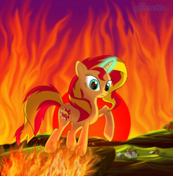 Size: 768x780 | Tagged: safe, artist:anna-krylova, character:sunset shimmer, species:pony, species:unicorn, female, fiery shimmer, fire, glowing horn, raised hoof, solo, surprised
