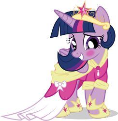 Size: 5993x6131 | Tagged: safe, artist:benybing, character:twilight sparkle, character:twilight sparkle (alicorn), species:alicorn, species:pony, absurd resolution, blushing, clothing, coronation dress, crown, dress, element of magic, female, jewelry, mare, regalia, simple background, solo, transparent background, vector
