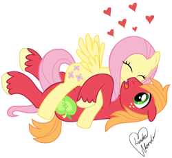 Size: 5500x5063 | Tagged: safe, artist:em120x, artist:marindashy, character:big mcintosh, character:fluttershy, species:earth pony, species:pony, ship:fluttermac, absurd resolution, cute, eyes closed, glomp, heart, kiss on the cheek, kissing, love, male, shipping, shyabetes, simple background, spread wings, stallion, straight, transparent background, vector, wings