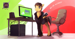 Size: 1920x996 | Tagged: safe, artist:mechagen, oc, oc only, species:earth pony, species:pony, cellphone, computer, hoof hold, office chair, solo