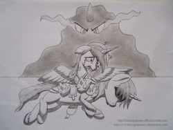 Size: 1280x960 | Tagged: safe, artist:loboguerrero, character:king sombra, character:princess cadance, character:shining armor, crying, monochrome