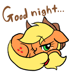 Size: 500x500 | Tagged: safe, artist:kyubi, character:applejack, species:earth pony, species:pony, g4, chibi, cute, eyebrows, eyebrows visible through hair, female, floppy ears, freckles, jackabetes, looking at you, lying down, mare, one eye closed, pixiv, prone, simple background, solo, white background